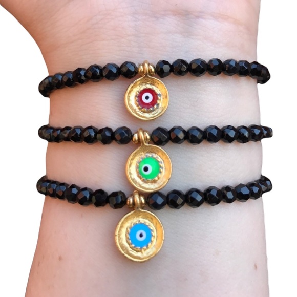 💕HP💕Evil Eye black Beaded stretch Bracelet - Picture 1 of 16